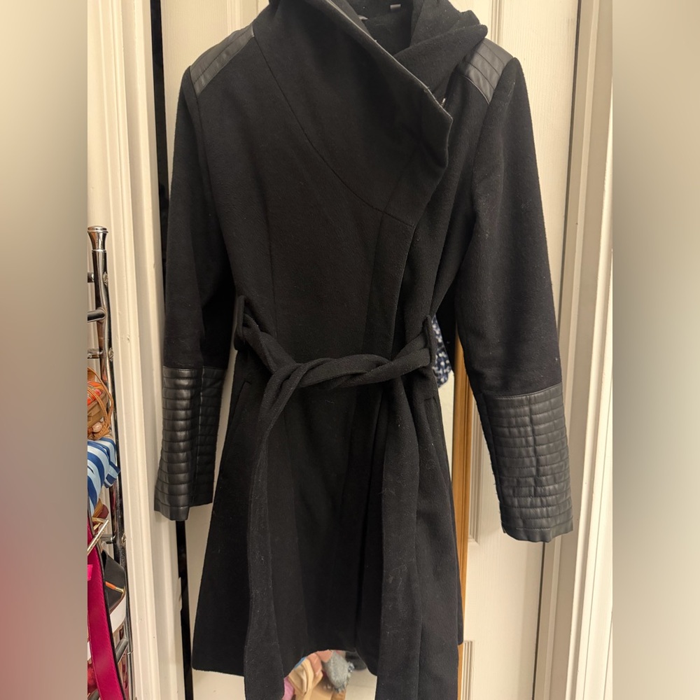 Badgley Mischka Black Wool Blend Belted Pea Coat with Quilted Sleeve Detail
